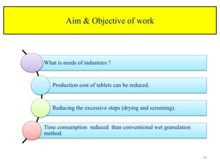 Aim & Objective of work
1414
What is needs of industries ?
Production cost of tablets can be reduced.
Reducing the excessive steps (drying and screening).
Time consumption reduced than conventional wet granulation
method.
 