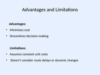 Advantages and Limitations
Advantages:
• Minimizes cost
• Streamlines decision-making
Limitations:
• Assumes constant unit costs
• Doesn’t consider route delays or dynamic changes
 