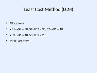Least Cost Method (LCM)
• Allocations:
• • S1→D4 = 50, S2→D2 = 30, S2→D1 = 10
• • S3→D1 = 10, S3→D3 = 25
• Total Cost = 990
 