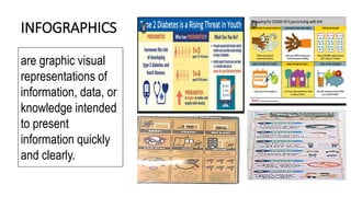 INFOGRAPHICS
are graphic visual
representations of
information, data, or
knowledge intended
to present
information quickly
and clearly.
 