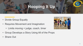 13
Hooping It Up
• Divide Group Equally
• Requires Movement and Imagination
• Limits moving = judge, coach, timer
• Group Develops a Story Using All of the Props
• Share Out
 