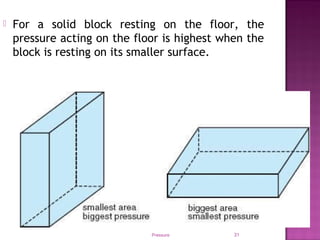  For a solid block resting on the floor, the
pressure acting on the floor is highest when the
block is resting on its smaller surface.
Pressure 31
 