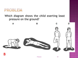 Which diagram shows the child exerting least
pressure on the ground?
Pressure 32
B
 