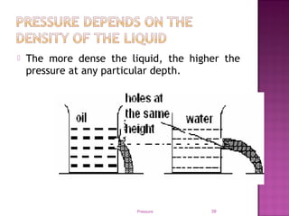 The more dense the liquid, the higher the
pressure at any particular depth.
Pressure 39
 