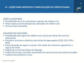13
VI – AÇÕES PARA INCENTIVO E SIMPLIFICAÇÃO DO CRÉDITO RURAL
* Contratado até abr/2019
AÇÕES JÁ ADOTADAS
▪ Possibilidade de as IFs contratarem agentes de crédito rural
▪ Novas regras para fiscalização das operações de crédito rural
▪ LCA sem taxa controlada
ASSUNTOS EM DISCUSSÃO
▪ Simplificação das regras do crédito rural e busca por fontes de recursos
alternativas
▪ Emissão e assinatura eletrônica dos títulos do Agronegócio (CCB, CCR, CPR e
NPR)
▪ Potencialização do seguro rural por intermédio de incentivos regulatórios e
seguro de renda
▪ Projeto de Lei do Patrimônio de Afetação
▪ Projeto de Lei para conceder equalização de taxas de juros para bancos privados
▪ Cadastro de produtores rurais
 