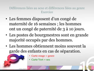 Différences liées au sexe et différences liées au genre
                        Exercice

• Les femmes disposent d’un congé de
  maternité de 16 semaines ; les hommes
  ont un congé de paternité de 3 à 10 jours.
• Les postes de bourgmestres sont en grande
  majorité occupés par des hommes.
• Les hommes obtiennent moins souvent la
  garde des enfants en cas de séparation.
               • Carte rouge = genre
               • Carte Vert = sex


                                                           11
 