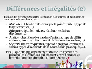 Différences et inégalités (2)
Il existe des différences entre la situation des femmes et des hommes
dans de nombreux domaines :
 – Mobilité (utilisation des transports privés-public, type de
   trajet effectués,…)
 – Education (études suivies, résultats scolaires,
   diplômes,…)
 – Justice (obtention des gardes d’enfants, type de délits
   commis, nombre d’hommes et de femmes incarcérés,…)
 – Sécurité (lieux fréquentés, types d’agression commises-
   subies, types d’accidents de la route subis-provoqués,…).
 Idéal : que chaque département dresse un aperçu des
   principales différences qui existent entre hommes et
   femmes dans son domaine de compétence.

                                                                        18
 