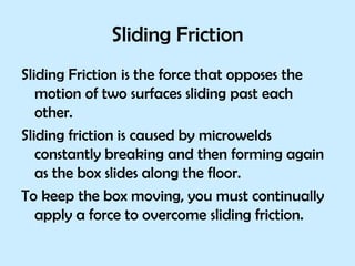 Sliding Friction Sliding Friction is the force that opposes the motion of two surfaces sliding past each other.  Sliding friction is caused by microwelds constantly breaking and then forming again as the box slides along the floor.  To keep the box moving, you must continually apply a force to overcome sliding friction.  