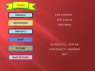 CREATED BY :
SITI SARAH
D09150018
MATHLA’UL ANWAR
UNIVERSITY – BANTEN
2017
PROFILE
DEFINITION
PRESENT
PAST
FUTURE
PAST FUTURE
TENSES
 