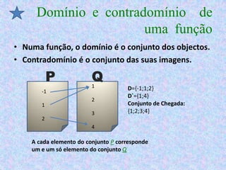 Domínio e contradomínio de
                      uma função
• Numa função, o domínio é o conjunto dos objectos.
• Contradomínio é o conjunto das suas imagens.

           P             Q
                         1
       -1
                                     D={-1;1;2}
                                     D`={1;4}
                         2
       1                             Conjunto de Chegada:
                         3           {1;2;3;4}
       2
                         4

    A cada elemento do conjunto P corresponde
    um e um só elemento do conjunto Q
 