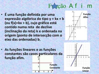Função A f i m
• É uma função definida por uma                                             Função
                                                                            Afim
  expressão algébrica do tipo y = kx + b
  (ou f(x)=kx + b), cujo gráfico está
  contido numa reta de declive
  (inclinação da reta) k e ordenada na
  origem (ponto de intersecção com o
  eixo das ordenadas) b.
                                                                y
                                                             7
                                                             6
                                                             5

• As funções lineares e as funções                           4
                                                             3
                                                             2
  constantes são casos particulares da                       1
                                                             0

  função afim.                             -4   -3   -2   -1-1 0
                                                            -2
                                                            -3
                                                                    1   2   3   4   5x



                                                            -4
                                                            -5
                              Função                        -6
                                                            -7
                              Constante                                     Função
                                                                            Linear
 