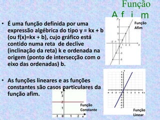 Função
                                                Af i m
• É uma função definida por uma                                             Função
                                                                            Afim
  expressão algébrica do tipo y = kx + b
  (ou f(x)=kx + b), cujo gráfico está
  contido numa reta de declive
  (inclinação da reta) k e ordenada na
  origem (ponto de intersecção com o
  eixo das ordenadas) b.
                                                                y
                                                             7
                                                             6
                                                             5

• As funções lineares e as funções                           4
                                                             3
                                                             2
  constantes são casos particulares da                       1
                                                             0

  função afim.                             -4   -3   -2   -1-1 0
                                                            -2
                                                            -3
                                                                    1   2   3   4   5x



                                                            -4
                                                            -5
                              Função                        -6
                                                            -7
                              Constante                                     Função
                                                                            Linear
 