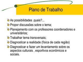 Plano de Trabalho As possibilidades ,quais?... Propor discussões sobre o tema; Planejamento com os professores coordenadores e universitários; Trabalhar tema transversais; Diagnosticar a realidade (física de cada região) Diagnosticar e fazer um levantamento sobre os aspectos culturais , esportivos econômicos e sociais. 