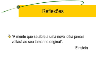 Reflexões “ A mente que se abre a uma nova idéia jamais voltará ao seu tamanho original”. Einstein 