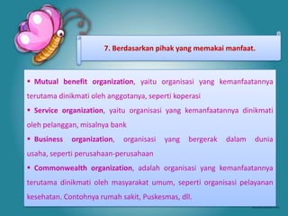 7. Berdasarkan pihak yang memakai manfaat.



 Mutual benefit organization, yaitu organisasi yang kemanfaatannya
terutama dinikmati oleh anggotanya, seperti koperasi
 Service organization, yaitu organisasi yang kemanfaatannya dinikmati
oleh pelanggan, misalnya bank
 Business   organization,   organisasi   yang   bergerak   dalam   dunia
usaha, seperti perusahaan-perusahaan
 Commonwealth organization, adalah organisasi yang kemanfaatannya
terutama dinikmati oleh masyarakat umum, seperti organisasi pelayanan
kesehatan. Contohnya rumah sakit, Puskesmas, dll.
 