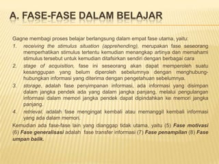 A. Fase-fase dalam belajarGagne membagi proses belajar berlangsung dalam empat fase utama, yaitu: receiving the stimulus situation (apprehending), merupakan fase seseorang memperhatikan stimulus tertentu kemudian menangkap artinya dan memahami stimulus tersebut untuk kemudian ditafsirkan sendiri dengan berbagai carastage of acquisition,fase ini seseorang akan dapat memperoleh suatu kesanggupan yang belum diperoleh sebelumnya dengan menghubung-hubungkan informasi yang diterima dengan pengetahuan sebelumnya. storage, adalah fase penyimpanan informasi, ada informasi yang disimpan dalam jangka pendek ada yang dalam jangka panjang, melalui pengulangan informasi dalam memori jangka pendek dapat dipindahkan ke memori jangka panjang.retrieval.adalah fase mengingat kembali atau memanggil kembali informasi yang ada dalam memori. Kemudian ada fase-fase lain yang dianggap tidak utama, yaitu (5) Fase motivasi  (6) Fase generalisasi adalah  fase transfer informasi (7) Fase penampilan (8) Fase umpan balik.