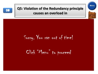 00
05
04
06
08
01
02
03
07
09
10
     Q5: Violation of the Redundancy principle
               causes an overload in


         Working Memory
        Long You ran out of time!
        Sorry. Term Memory

          Click “Menu” to proceed
          Shallow Memory
        Embedded Memory
 