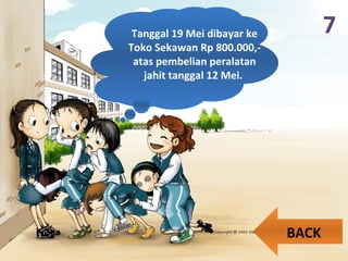 7Tanggal 19 Mei dibayar ke
Toko Sekawan Rp 800.000,-
atas pembelian peralatan
jahit tanggal 12 Mei.
BACK
 