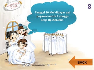 8
Tanggal 20 Mei dibayar gaji
pegawai untuk 2 minggu
kerja Rp 200.000,-
BACK
 