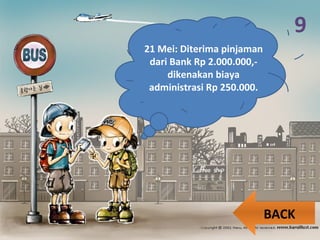 9
21 Mei: Diterima pinjaman
dari Bank Rp 2.000.000,-
dikenakan biaya
administrasi Rp 250.000.
BACK
 