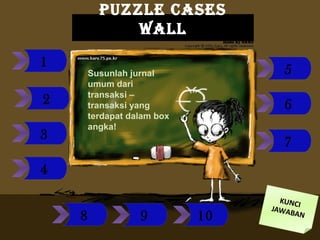 PUZZLE CASES
wALL
1
2
3
4
5
6
7
8 109
KUNCI
JAWABAN
Susunlah jurnal
umum dari
transaksi –
transaksi yang
terdapat dalam box
angka!
 