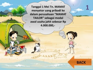 1
BACK
Tanggal 1 Mei Tn. MAMAT
menyetor uang pribadi ke
dalam perusahaan “MAMAT
TAILOR” sebagai modal
awal usaha jahit sebesar Rp
4.000.000,-
 