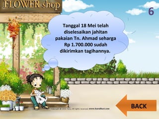 6
Tanggal 18 Mei telah
diselesaikan jahitan
pakaian Tn. Ahmad seharga
Rp 1.700.000 sudah
dikirimkan tagihannya.
BACK
 