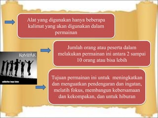 Alat yang digunakan hanya beberapa
kalimat yang akan digunakan dalam
permainan
Jumlah orang atau peserta dalam
melakukan permainan ini antara 2 sampai
10 orang atau bisa lebih
Tujuan permainan ini untuk meningkatkan
dan menguatkan pendengaran dan ingatan,
melatih fokus, membangun kebersamaan
dan kekompakan, dan untuk hiburan
 