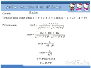 S u d u t A n t a r a D u a B i d a n g
R a t aContoh :
Tentukan besar sudut antara 𝑥 + 𝑦 + 𝑧 + 3 = 0 dan 2𝑥 + 𝑦 + 2𝑧 – 11 = 0 !
Penyelesaian : cos 𝜃 =
𝐴1 𝐴2+𝐵1 𝐵2 + 𝐶1 𝐶2
𝐴1
2
+𝐵1
2+𝐶1
2
. 𝐴2
2
+𝐵2
2+𝐶2
2
cos 𝜃 =
1(2) + 1(1) + 1(2)
12 + 12 + 12 . 22 + 12 + 22
cos 𝜃 =
5
3 . 9
cos 𝜃 =
5
3 3
𝜃 = 𝑎𝑟𝑐𝑐𝑜𝑠 0,962
𝜃 ≈ 15, 79°
 