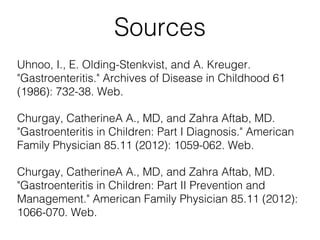 Sources
Uhnoo, I., E. Olding-Stenkvist, and A. Kreuger.
"Gastroenteritis." Archives of Disease in Childhood 61
(1986): 732-38. Web.
Churgay, CatherineA A., MD, and Zahra Aftab, MD.
"Gastroenteritis in Children: Part I Diagnosis." American
Family Physician 85.11 (2012): 1059-062. Web.
Churgay, CatherineA A., MD, and Zahra Aftab, MD.
"Gastroenteritis in Children: Part II Prevention and
Management." American Family Physician 85.11 (2012):
1066-070. Web.
 