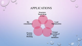 APPLICATIONS
Structure
based drug
design
Lead
Optimization
Virtual
Screening of
large
databases
Protein-
Protein
Docking
Bio
remediation
 