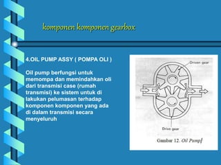 komponen komponen gearbox
4.OIL PUMP ASSY ( POMPA OLI )
Oil pump berfungsi untuk
memompa dan memindahkan oli
dari transmisi case (rumah
transmisi) ke sistem untuk di
lakukan pelumasan terhadap
komponen komponen yang ada
di dalam transmisi secara
menyeluruh
 