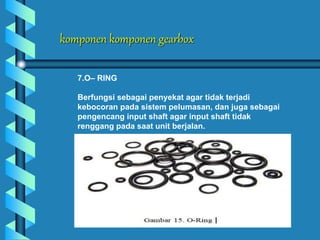 komponen komponen gearbox
7.O– RING
Berfungsi sebagai penyekat agar tidak terjadi
kebocoran pada sistem pelumasan, dan juga sebagai
pengencang input shaft agar input shaft tidak
renggang pada saat unit berjalan.
 