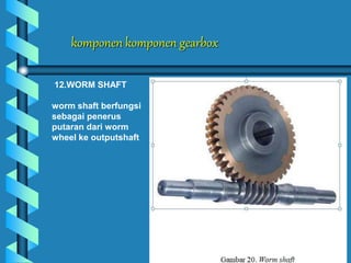 komponen komponen gearbox
12.WORM SHAFT
worm shaft berfungsi
sebagai penerus
putaran dari worm
wheel ke outputshaft
 