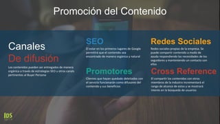 Canales
De difusión
Los contenidos pueden ser entregados de manera
orgánica a través de estrategias SEO u otros canals
pertinentes al Buyer Persona
Cross Reference
El compartir los contenidos con otros
miembros de la industra incrementará el
rango de alcance de estos y se mostrará
interés en la búsqueda de usuarios
Redes Sociales
Redes sociales propias de la empresa. Se
puede compartir contenido a modo de
ayuda respondiendo las necesidades de los
seguidores y manteniendo un contacto con
ellos
SEO
El estar en los primeros lugares de Google
permitirá que el contenido sea
encontrado de manera orgánica y natural
Promotores
Clientes que hayan quedado deleitados con
el servicio funcionarán como difusores del
contenido y sus beneficios
Promoción del Contenido
 