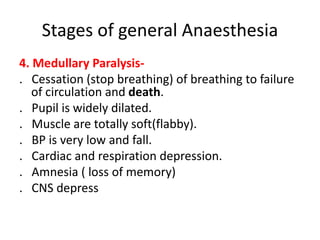 Stages of general Anaesthesia
4. Medullary Paralysis-
. Cessation (stop breathing) of breathing to failure
of circulation and death.
. Pupil is widely dilated.
. Muscle are totally soft(flabby).
. BP is very low and fall.
. Cardiac and respiration depression.
. Amnesia ( loss of memory)
. CNS depress
 