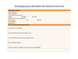 Datos personales:
Mis nombres:
Mis apellidos:
Yo nací en la provincia:
El día: del mes del año
Ahora vivo en la ciudad de:
En la calle: N°: Barrio:
Mi teléfono:
Mi e mail:
Otra cosa que quiero decir de mí:
Estudio en el colegio:
Las materias que más me gusta son:
Las materias que menos me gustan son:
Que idiomas hablas:
Cursos ,clubes o talleres en los que has participado:
Estrategia para descubrir los factores Internos
 
