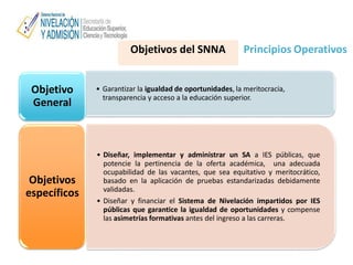 Principios OperativosObjetivos del SNNA
• Garantizar la igualdad de oportunidades, la meritocracia,
transparencia y acceso a la educación superior.
Objetivo
General
• Diseñar, implementar y administrar un SA a IES públicas, que
potencie la pertinencia de la oferta académica, una adecuada
ocupabilidad de las vacantes, que sea equitativo y meritocrático,
basado en la aplicación de pruebas estandarizadas debidamente
validadas.
• Diseñar y financiar el Sistema de Nivelación impartidos por IES
públicas que garantice la igualdad de oportunidades y compense
las asimetrías formativas antes del ingreso a las carreras.
Objetivos
específicos
 