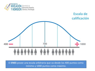 Escala de
calificación
El ENES posee una escala arbitraria que va desde los 400 puntos como
mínimo y 1000 puntos como máximo.
 