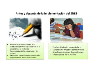 Antes y después de la implementación del ENES
• Pruebas diseñadas al criterio de la
institución con limitadas directrices en la
selección de su contenido
• Administradas de forma variable y sin
control.
• Exploraban contenidos relacionados a los
requerimientos de las instituciones
• Pruebas diseñadas con estándares
• Explora APTITUDES no conocimientos
• Se aplica en igualdad de condiciones.
• Su calificación no es manual
 