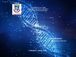 UNIVERSIDAD YACAMBÚ
VICERRECTORADO ACADÉMICO
FACULTAD DE HUMANIDADES
GENOMA HUMANO
Participante:
Mariannys Salcedo
Cabudare, Junio 2016
 