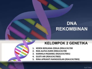 KELOMPOK 2 GENETIKA
1. KEREN BERLIANA ZEBUA (RRA1C41700
2. RIZA ALIFIA ZUKRI (RRA1C41700
3. KARMILA PASARIBU (RSA1C417001)
4. GUSTI ARI (RSA1C417002)
5. RINA APRIANTI NAINGGOLAN (RSA1C417003)
DNA
REKOMBINAN
 