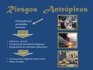 Riesgos Antrópicos
        Provocados por
        actividades
        humanas

           DESTACAN

● Industria y minería
● Transporte de mercaderías peligrosas
● Manipulación de materiales radioactivos

             CAUSA

● Consecuencias negativas para la salud
● Afecta al medio
 