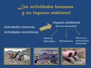 Las actividades humanas
         y su impacto ambiental
                                 Impacto ambiental
Actividades humanas                    (las mas destacadas)

Actividades económicas
                         Industria                        Minería y la
                         Siderúrgica      Petroquímica    generación de
                                                          electricidad
 