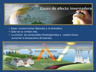 ● Gases contaminantes liberados a la atmosfera.
● Cada vez se emiten más.
● La emisión de combustibles fósiles(petróleo y carbón) hacen
   aumentar la temperatura del planeta.
 