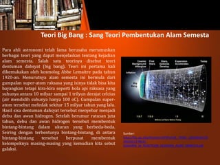 Teori Big Bang : Sang Teori Pembentukan Alam Semesta
Para ahli astronomi telah lama berusaha merumuskan
berbagai teori yang dapat menjelaskan tentang kejadian
alam semesta. Salah satu teorinya disebut teori
dentuman dahsyat (big bang). Teori ini pertama kali
dikemukakan oleh kosmolog Abbe Lemaitre pada tahun
1920-an. Menurutnya alam semesta ini bermula dari
gumpalan super-atom raksasa yang isinya tidak bisa kita
bayangkan tetapi kira-kira seperti bola api raksasa yang
suhunya antara 10 milyar sampai 1 trilyun derajat celcius
(air mendidih suhunya hanya 100 oC). Gumpalan super-
atom tersebut meledak sekitar 15 milyar tahun yang lalu.
Hasil sisa dentuman dahsyat tersebut menyebar menjadi
debu dan awan hidrogen. Setelah berumur ratusan juta
tahun, debu dan awan hidrogen tersebut membentuk
bintang-bintang dalam ukuran yang berbeda-beda.
Seiring dengan terbentunya bintang-bintang, di antara
bintang-bintang tersebut berpusat membentuk
kelompoknya masing-masing yang kemudian kita sebut
galaksi.
Sumber:
http://file.upi.edu/Direktori/FPIPS/JUR._PEND._GEOGRAFI/19
4902051978031-
DJAKARIA_M_NUR/TEORI_KEJADIAN_ALAM_SEMESTA.pdf
 
