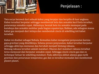 Penjelasan :
Tata surya berawal dari sebuah kabut yang berpijar dan berpilin di luar angkasa.
Kabut tersebut berputar sehingga membentuk bola dan semakin kecil bola tersebut,
putarannya semakin cepat. Akibatnya, bentuk bola itu semakin memepat pada
kutubnya dan semakin melebar pada bagian equatornya. Bahkan, ada sebagian massa
kabut gas menjauh dari intinya dan membentuk cincin di sekeliling inti kabut
tersebut.
Kabut ini disebut sebagai Nebula. Kemudian kabut mengalami penyusutan karena
gaya gravitasi yang dimilikinya. Selama proses penyusutan, kabut tersebut berputar
sehingga akhirnya memanas dan berubah menjadi bintang raksasa.
Bintang raksasa tersebut adalah matahari. Ukuran dari matahari raksasa tersebut
terus menyusut dan berputar semakin cepat. Sehingga cincin-cincin gas dan es
terlempar keluar ke sekeliling matahari. Pada akhirnya akibat adanya gaya tarik
gravitasi dan penurunan temperatur, gas dan es tersebut memadat dan membentuk
planet-planet.
 