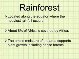 Rainforest
Located along the equator where the
 heaviest rainfall occurs.

About 8% of Africa is covered by Africa.

The ample moisture of the area supports
 plant growth including dense forests.
 