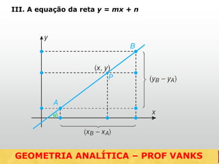 III. A equação da reta y = mx + n
GEOMETRIA ANALÍTICA – DISTÂNCIASGEOMETRIA ANALÍTICA – PROF VANKS
 