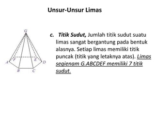 c. Titik Sudut, Jumlah titik sudut suatu
limas sangat bergantung pada bentuk
alasnya. Setiap limas memiliki titik
puncak (titik yang letaknya atas). Limas
segienam G.ABCDEF memiliki 7 titik
sudut.
Unsur-Unsur Limas
 